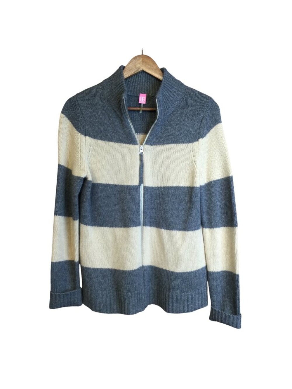 Basler Luxury Cashmere Full Zip Striped Sweater Mock Neck Coastal Grandmother M